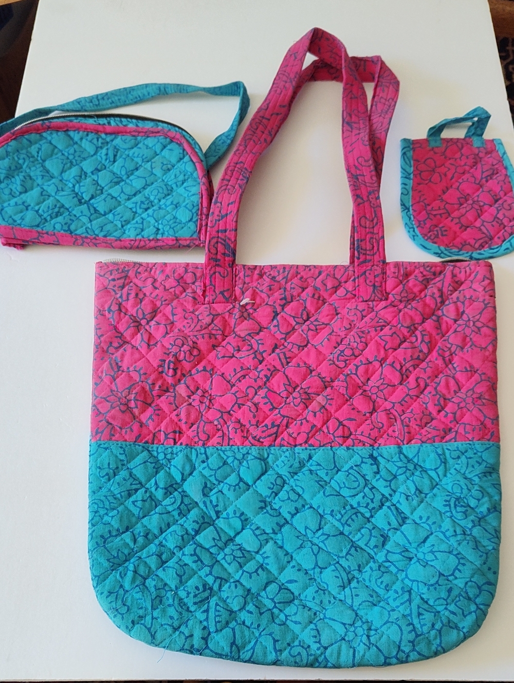 Quilted Pink and Teal Floral Tote Bag with Matching Pouches